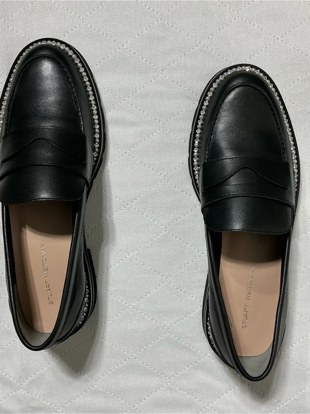 Stuart Weitzman Monty Black Leather Pearl Trim Penny Loafers Size 7.5 NWOB